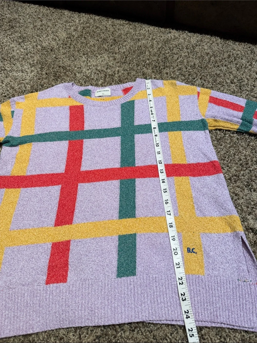 Bobo Choses Lavender Crewneck Sweater with Red, Green and Yellow Plaid - Picture 10 of 11